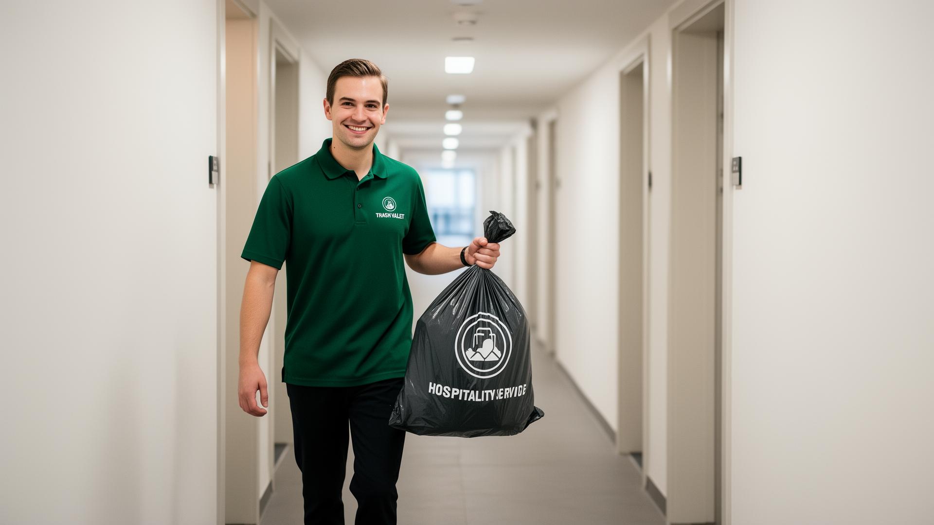 Friendly Absolute Trash valet picking up tied trash bags from apartment doors in a Pennsylvania community