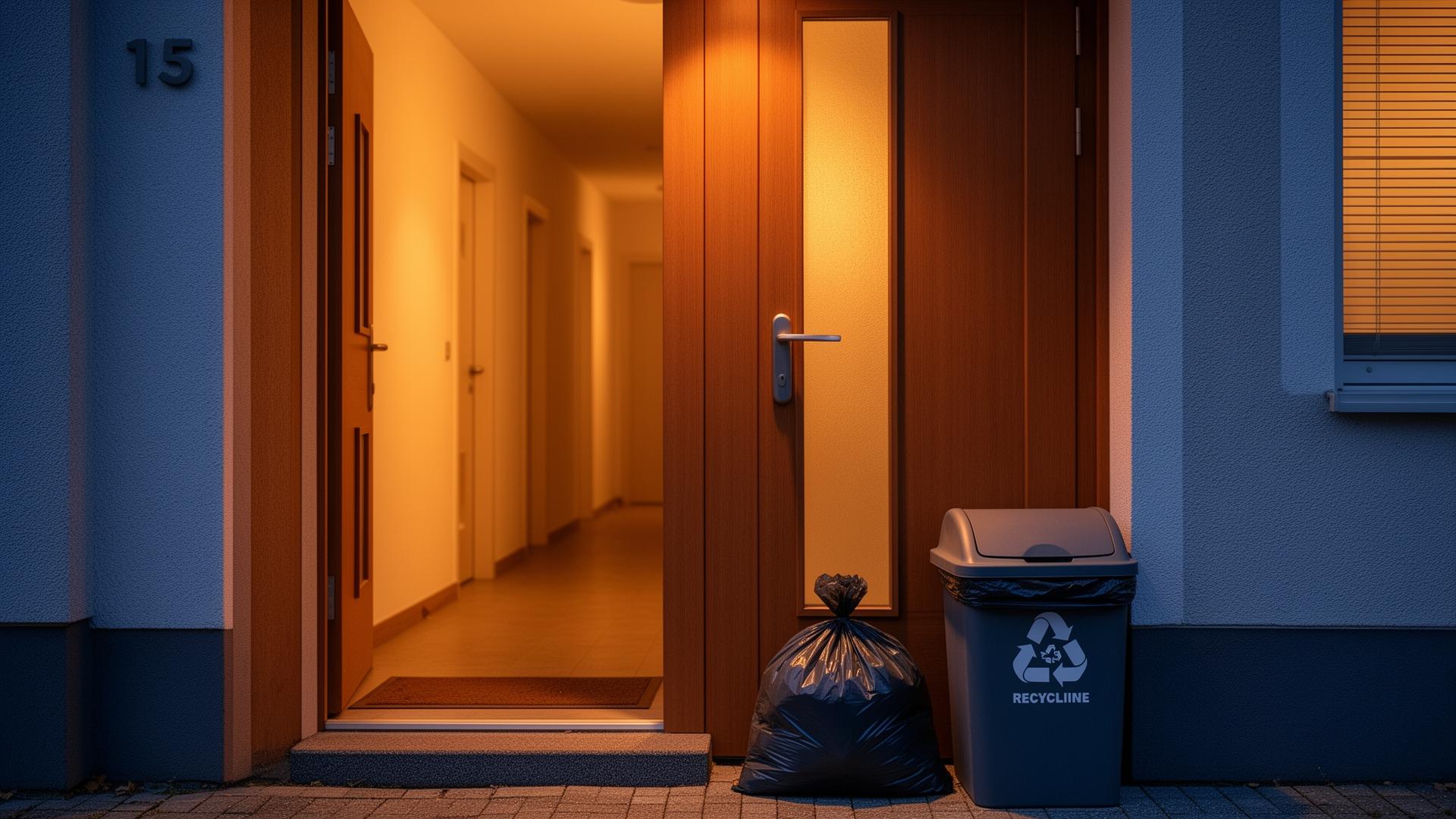 Resident trash bag and recycling bin set neatly outside an apartment door for evening valet pickup