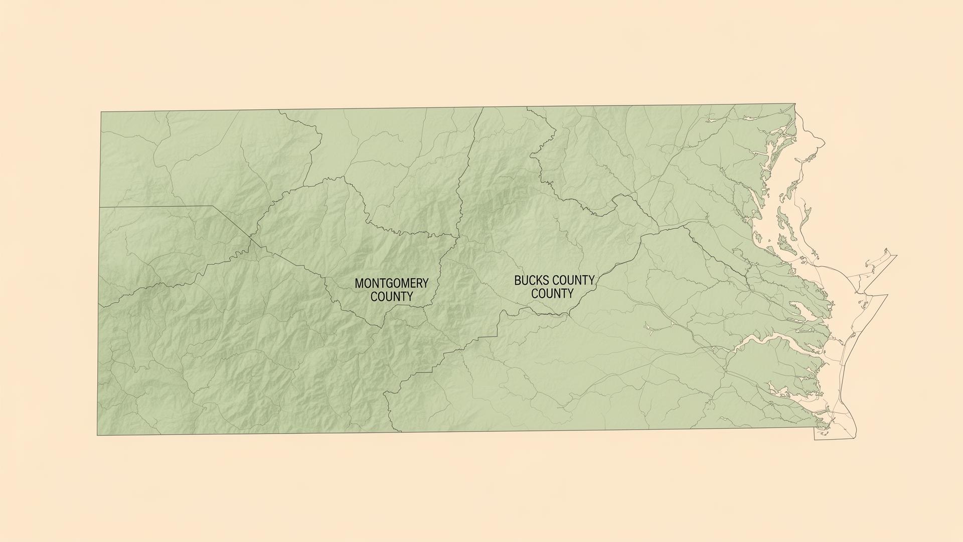 Stylized map of Montgomery County and Bucks County, Pennsylvania, the trash valet service area for Absolute Trash